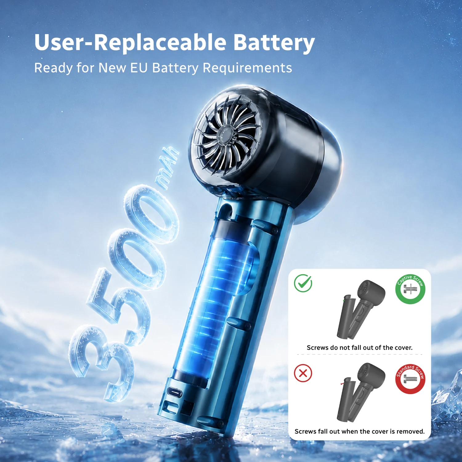 CoolMist user-replaceable battery design and captive screw detail