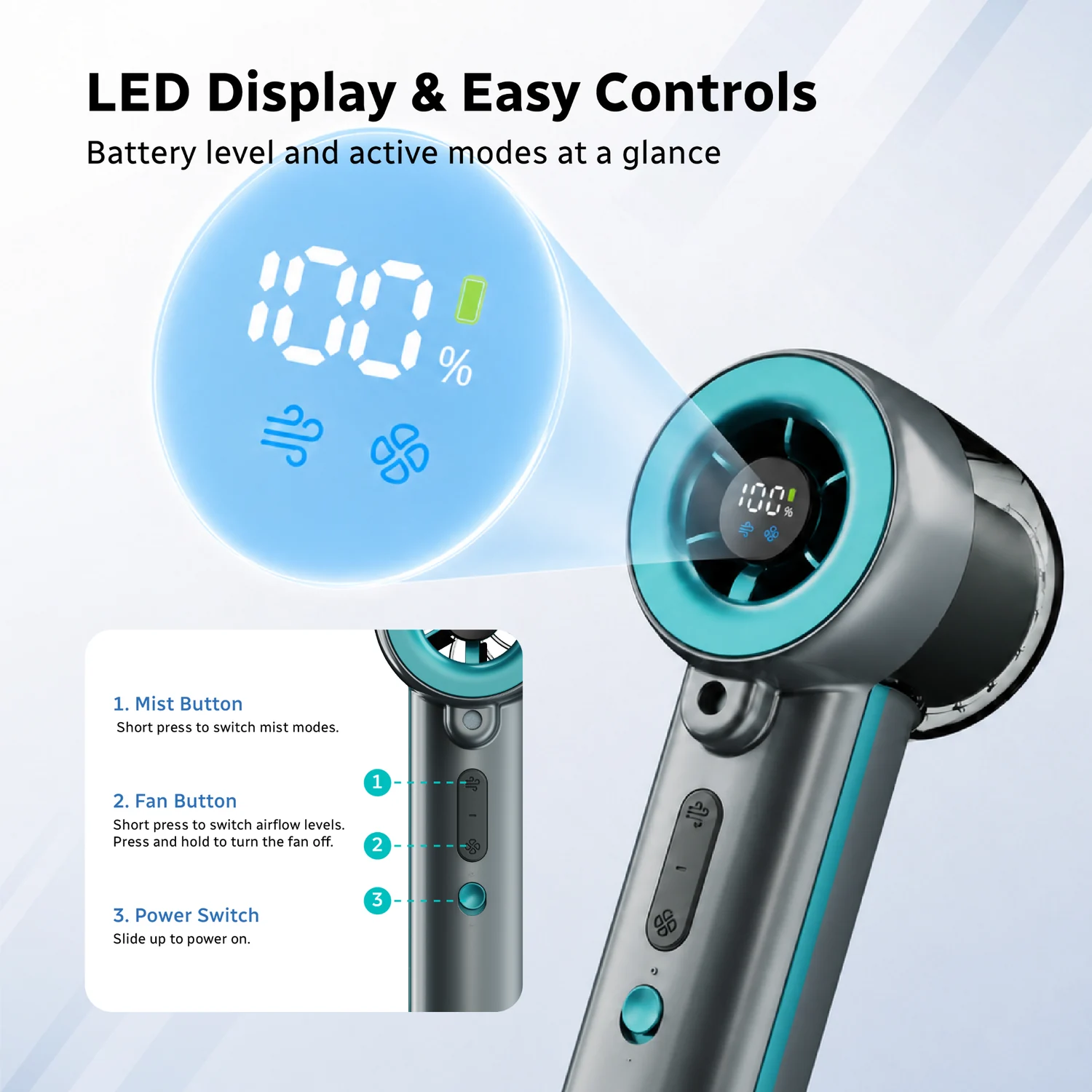 CoolMist LED display, buttons and USB-C charging details
