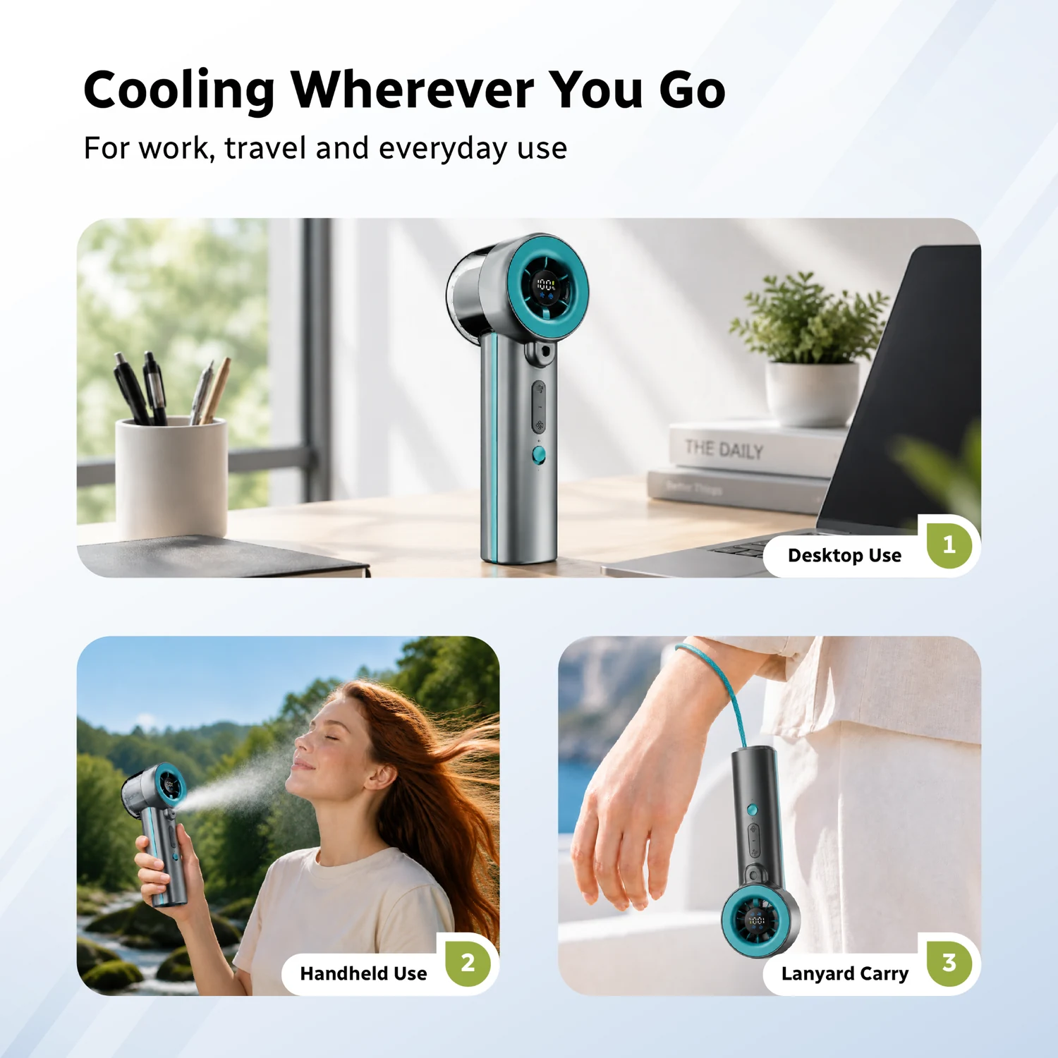 CoolMist shown for desktop, handheld and lanyard carry
