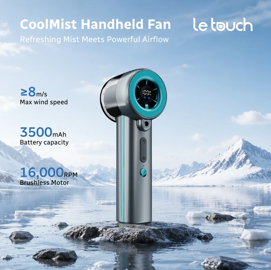 CoolMist Handheld Fan with 3500mAh battery, 16,000 RPM brushless motor and max wind speed of 8 m/s