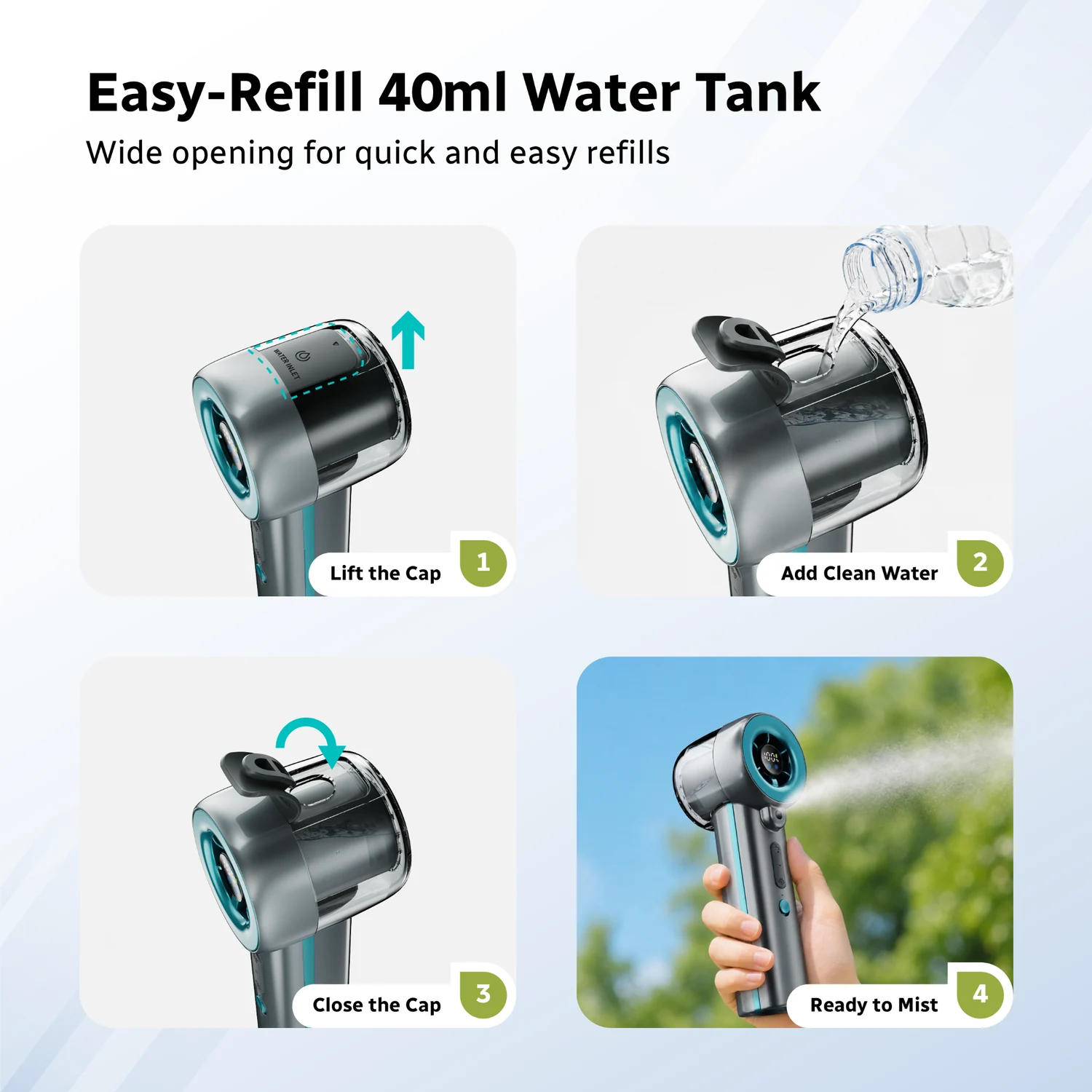 Four steps for refilling the 40ml water tank