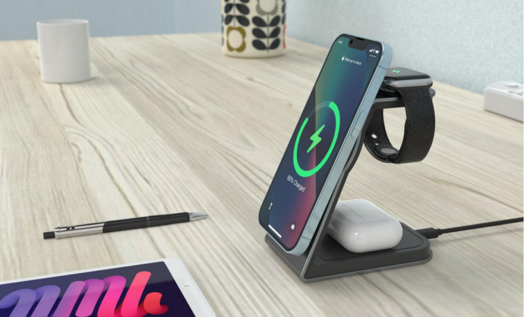 3-in-1 wireless charging stand securely placed on a desk