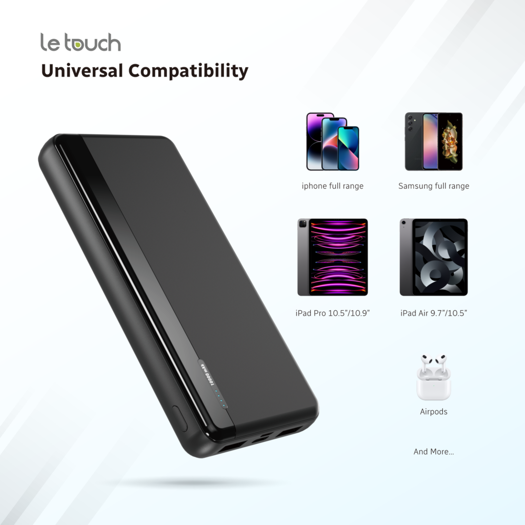 10,000mAh power bank showcasing universal compatibility