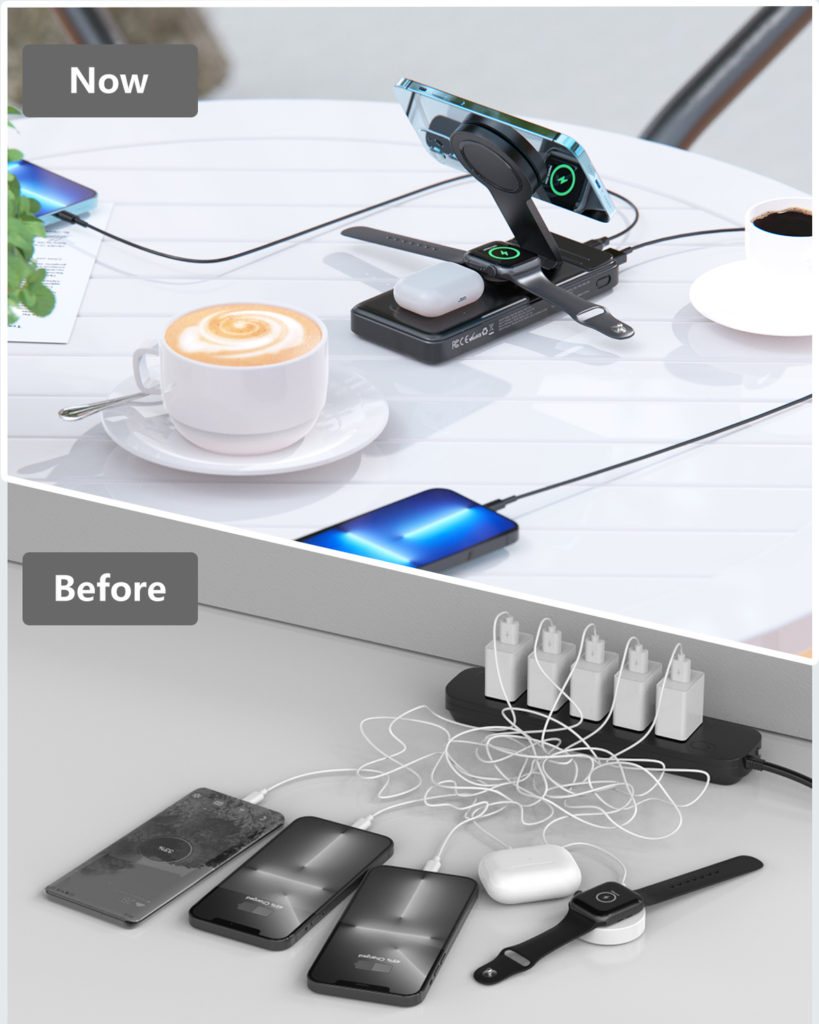 5-in-1 wireless power bank organizing a messy desk into a tidy one