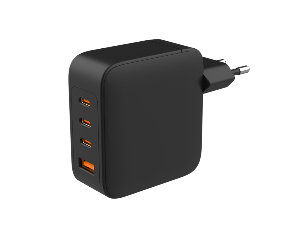 GaN charger in black color with 3 USB-C ports and 1 USB-A port